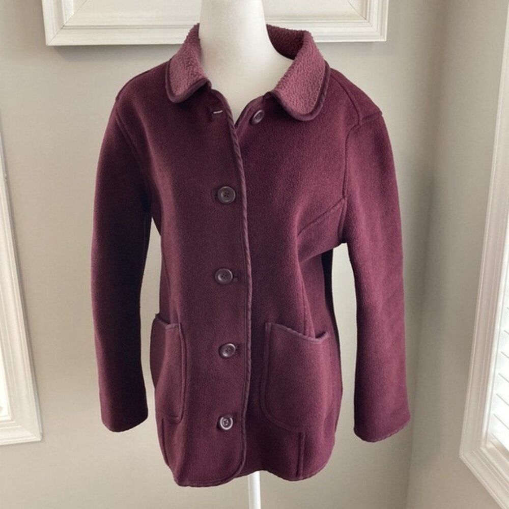 LLBean Burgundy Fleece Pocket Fall Buttonup Jacket Size Large Petite